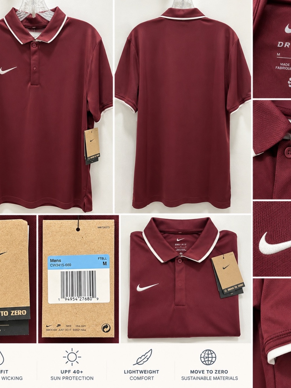 Nike Dri-FIT Men’s Polo Shirt Burgundy White Size M NWT UPF 40+